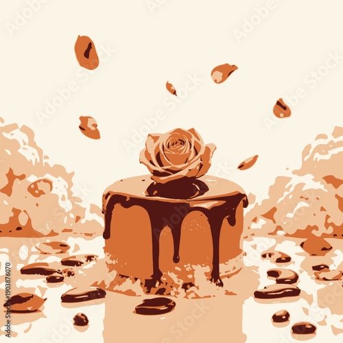 A Luxurious Chocolate-Drizzled Dessert with Elegant Rose and Decorative Petals on a Cloudlike Creamy Background