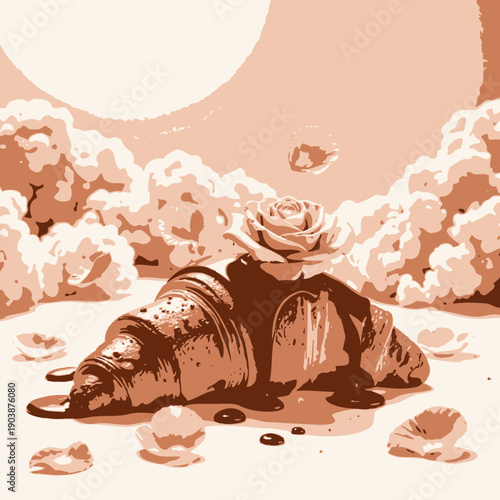 Delicious flaky croissant drizzled with rich chocolate sauce adorned with a pink rose and surrounded by fluffy whipped cream clouds and scattered rose petals