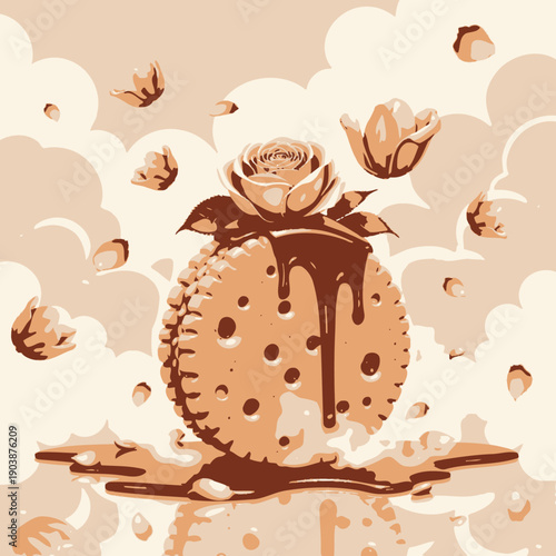 Artistic depiction of a delectable ice cream sandwich topped with rich chocolate syrup and adorned with a vibrant pink rose against a whimsical cloud background