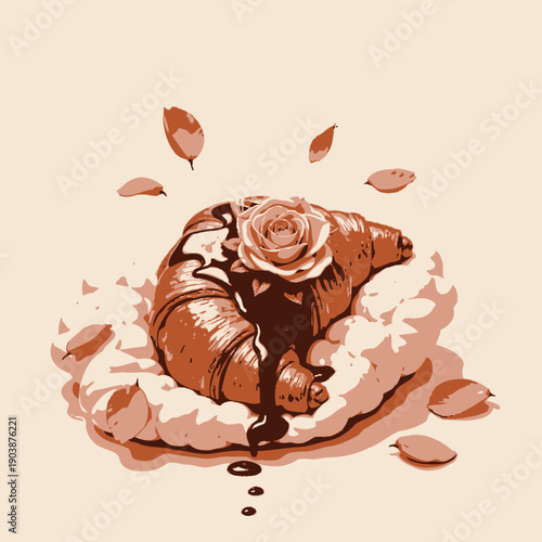 Delectable Croissant Drizzled with Rich Chocolate and Adorned with a Rose Petal Arrangement on a Fluffy Meringue Cloud