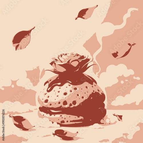 Whimsical Confectionery Delight with Chocolate Ganache, Floating Rose Petals, and Dreamy Clouds