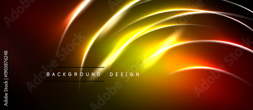 Abstract design features vibrant orange, yellow curves. Dark background emphasizes glowing lines, creating dynamic visual effect. Text reads background design.