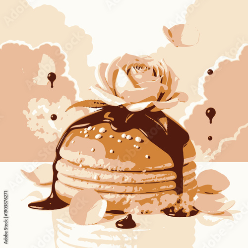 Delicate Dessert Creation Featuring Fluffy Pancake Adorned with Rich Chocolate Drizzle and Elegant Pink Rose Surrounded by Soft Petals and Gentle Cream Clouds