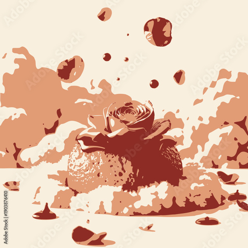 Elegant dessert with chocolate glaze and pink rose petals surrounded by delicate meringue-like formations creating a whimsical and enchanting atmosphere