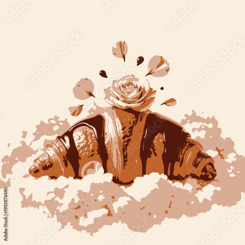 Exquisite Chocolate Drizzled Croissant with Rose Petals on Cloud of Fluffy Cream in Surreal Artistic Presentation