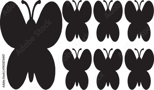 Collection of black butterfly silhouettes on a white background Keywords: butterfly, insect, silhouette, black, white