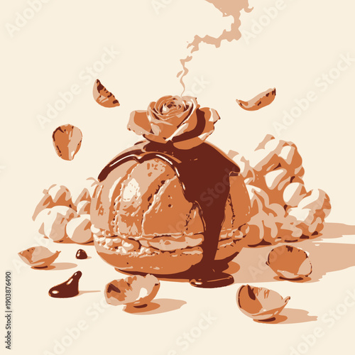 Rose-Inspired Dessert Art Featuring Chocolate-Drenched Cream Puff with Textured Pastry and Delicate Petals Amidst Whimsical Marshmallow-Like Elements in a Dreamy Setting