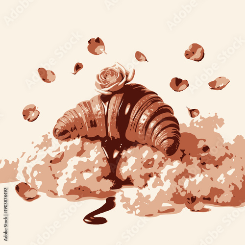 Flaky Croissant Drizzled with Chocolate Amidst Fluffy Clouds and Elegant Rose Petals Creating a Heavenly Culinary Delight