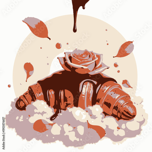 Deliciously Artistic Chocolate Drizzled Croissant with Rose and Fluffy Cotton Clouds Transforming Breakfast into a Visual Delight