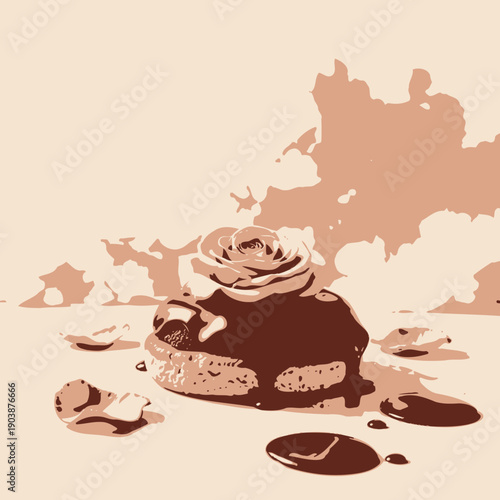 Exquisite Dessert Presentation with Chocolate-Glazed Pastry Topped with Pink Rose Against a Soft Cloudy Backdrop
