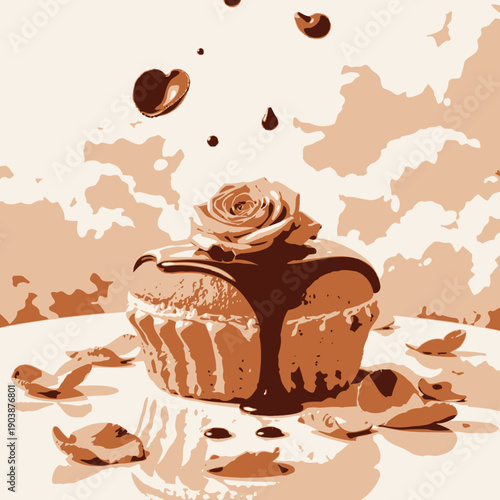 Luxurious Cupcake with Chocolate Drizzle and Rose Topping Surrounded by Lush Petals Against a Surreal Cloud Background