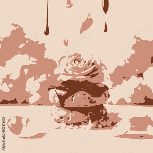 Exquisitely Decorated Pastry with Delicate Pink Rose and Dripping Chocolate Amidst Fluffy Cloud-Like Backdrop