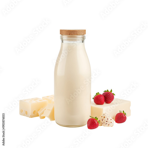 Bottle of Milk With Cheese and Strawberries on White Background During Daylight