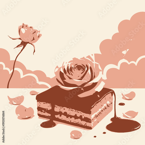 Exquisite Layered Dessert Adorned with a Delicate Rose, Drizzled with Luxurious Chocolate Syrup Against a Dreamy Floral and Cloud Backdrop
