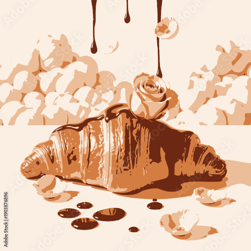 Decadent Chocolate-Drizzled Croissant Adorned with Pink Rose and Elegant Petals on Soft, Cloud-Like Background