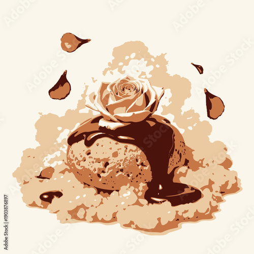 Exquisite Dessert Composition with Chocolate-Glazed Pastry Crowned by a Pink Rose and Surrounded by Floating Petals on a Fluffy Creamy Base