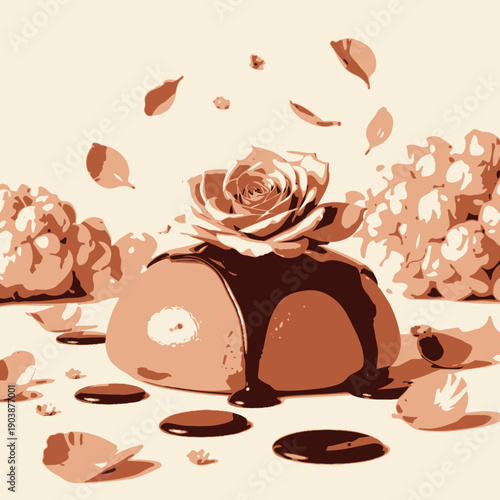 Exquisite Dessert with Chocolate Drizzle and Decorative Pink Rose Surrounded by Delicate Petals and Creamy Meringues on a Pristine White Background