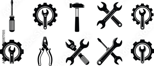 Black mechanic tools icon set featuring wrench, screwdriver, hammer, pliers and gear symbols in solid silhouette style isolated on white background for repair and service design