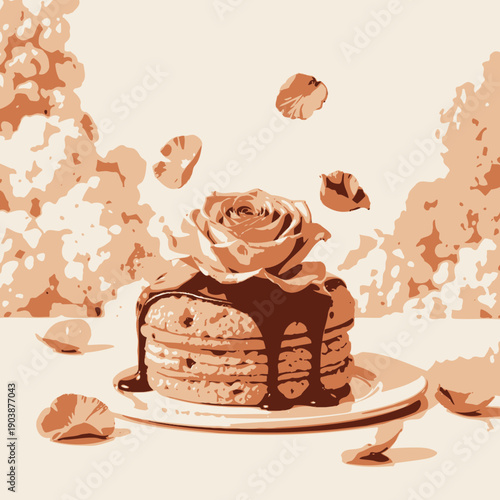 Aesthetic Fusion of Rose-Topped Pancakes with Chocolate Drizzle and Petal Garnish Amidst Elegant Cloud-Like Background