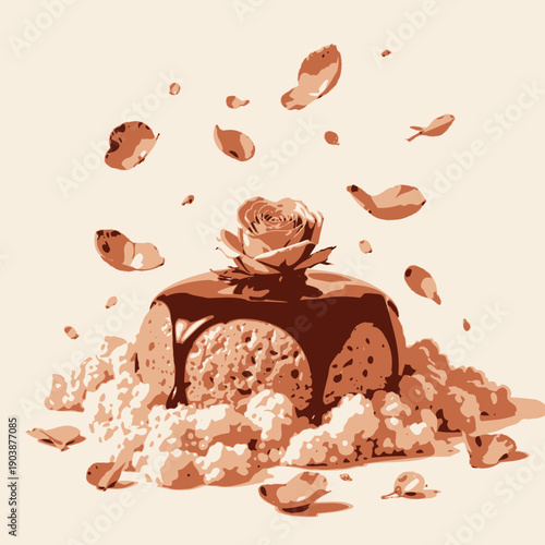 Delicate Dessert with Chocolate Glaze and Rose Petals Surrounded by Pink Fluffy Topping