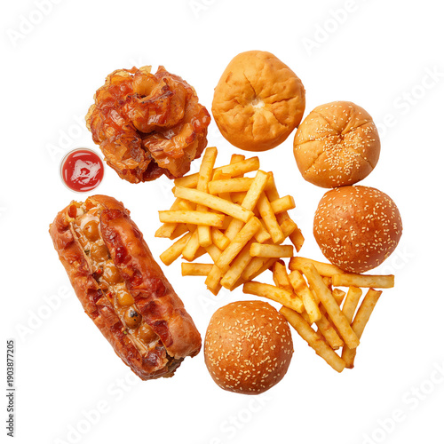 Food Arrangement With Hot Dogs, Buns, Fries, and Sauce on a White Background ...