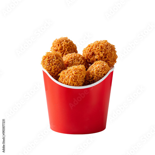 Crispy Fried Chicken in Red Bucket Served at Fast Food Restaurant During Lunc...