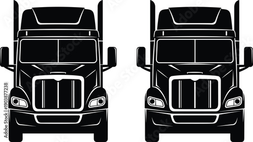 Black semi truck front view silhouette set featuring modern cargo transport vehicles in bold vector illustration style isolated on white background for logistics and transportation design
