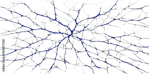 A sharp black silhouette of a winter tree branch and barbed wire fence pattern seen through a cracked wall with a broken glass background hole