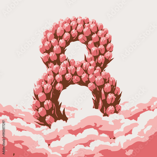 Vibrant Arrangement of Pink Tulip Flowers Forming the Number Eight Surrounded by Fluffy Clouds Against a Soft Pastel Sky Backdrop in a Dreamlike Scene
