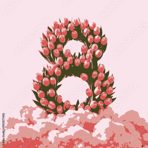 Vibrant Pink Tulips Arranged in the Shape of the Number Eight Surrounded by Fluffy Cloud-like Structures on a Soft Gradient Background