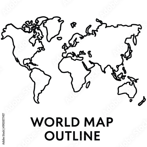 A simple black and white outline illustration depicts a world map with continents and oceans