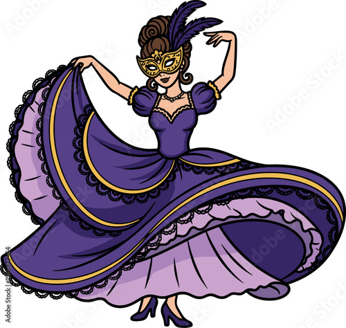 Woman wearing a blue dress and a gold masquerade mask