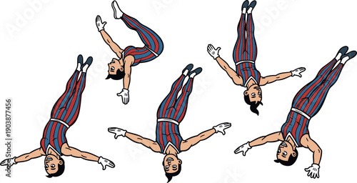 Cartoon acrobats in various poses performing aerial stunts