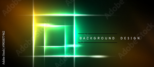 Abstract neon lines form squares, gradients transition from yellow to green. Dark background emphasizes bright illumination. Modern design element.