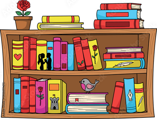 Colorful cartoon bookshelf with books and decorative items