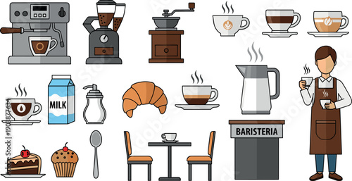 Colorful coffee shop icons and objects