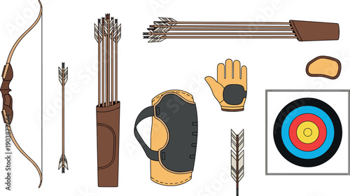 Archery equipment set including bow, arrows, quiver, glove and target