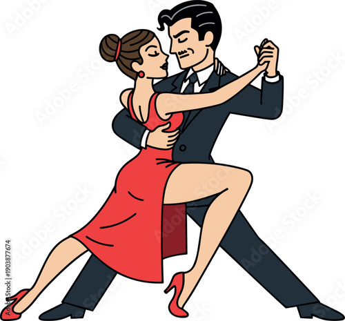Couple dancing tango in elegant red dress and suit