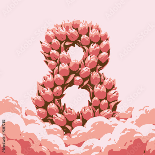 Artistic floral arrangement of pink tulips forming the number eight set against a dreamy backdrop of soft pastel clouds, symbolizing femininity and elegance