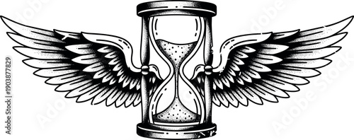 Vintage hourglass with wings symbolizing time and freedom