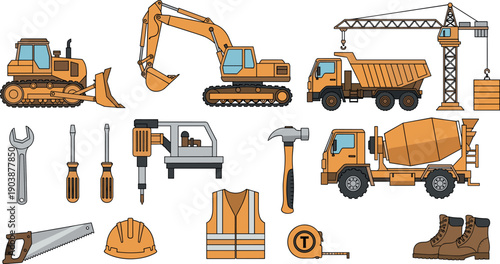 Collection of construction vehicles and tools