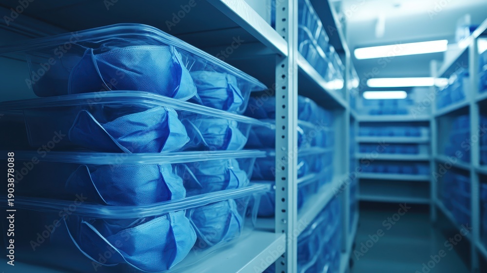 Obraz premium Stacks of sealed N95 respirator masks neatly arranged in rows on storage shelves for healthcare and protection