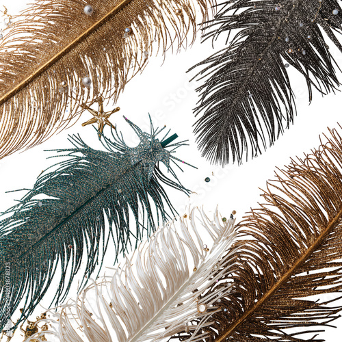 Decorative Feathers on a White Background With Sparkles and Unique Patterns i...