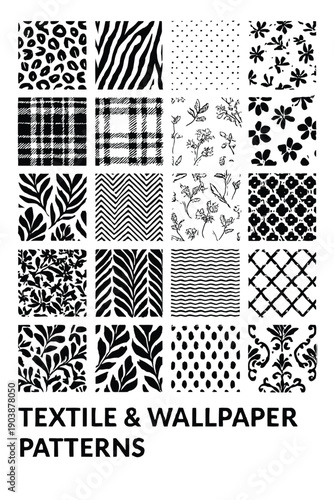 A collection of black and white seamless patterns including florals stripes and geometric designs