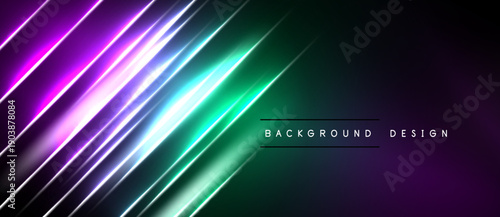 Abstract diagonal lines create vibrant gradient. Purple, green hues dominate dark background. Modern design element.