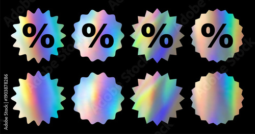 Holographic sticker template, mockup label. Round shiny smooth metal emblem. Sale tag, element with uneven wavy zigzag edge. Star shape isolated on black background. Vector EPS10