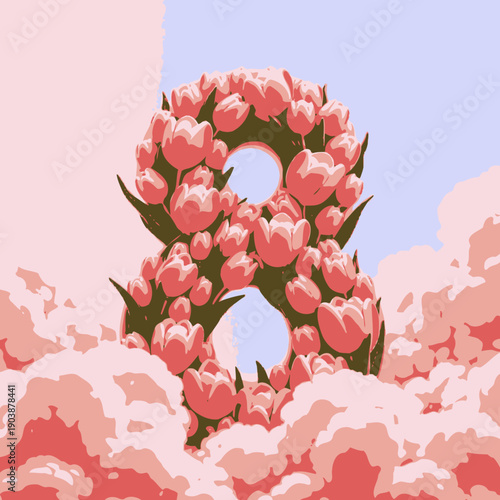 Vibrant Floral Number Eight Formed by Pink Tulips Surrounded with Fluffy Clouds Against a Dreamy Pastel Background