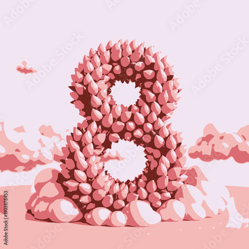 Artistic Number Eight Formed with Pink Tulips Surrounded by Fluffy White Clouds Against Pastel Sky