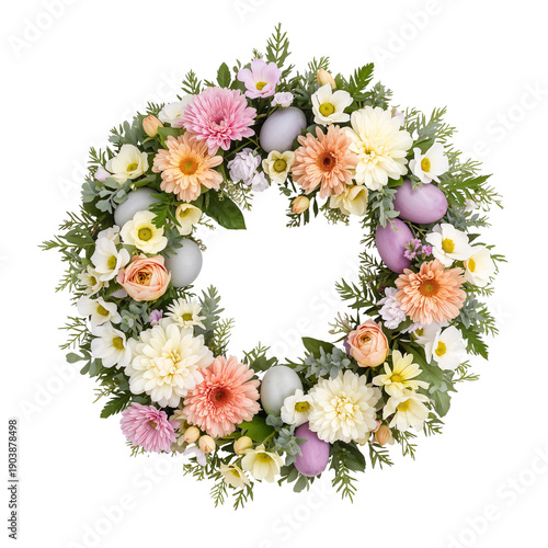 Colorful Floral Wreath With Eggs for Spring Celebration on a White Background