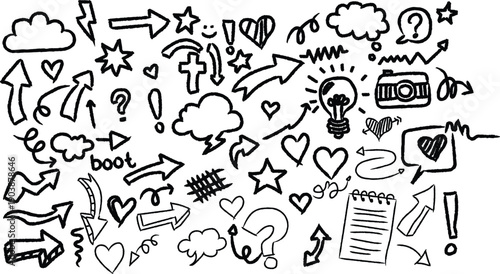 Collection of hand drawn icons and symbols for communication and expression